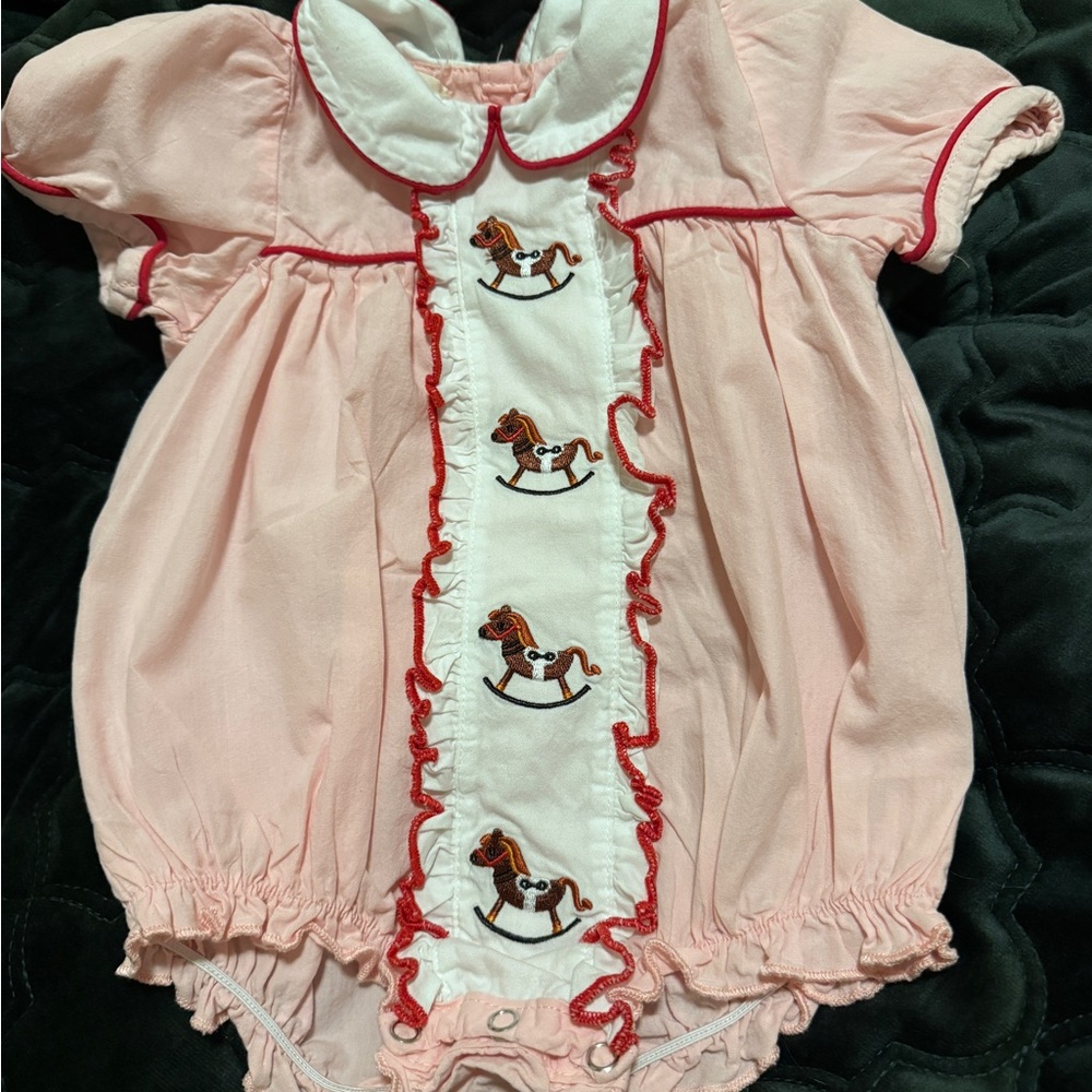 Smocked Pink and White Baby Romper with Horse Motif